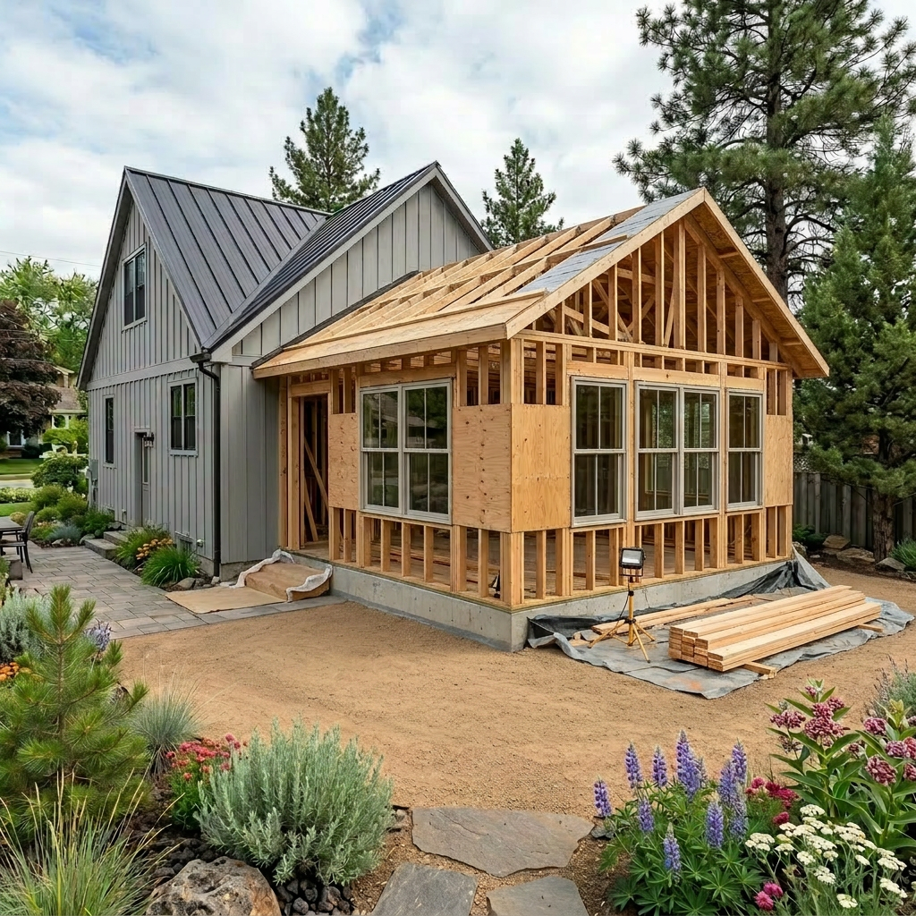 Construction worker framing wooden structure for house extension